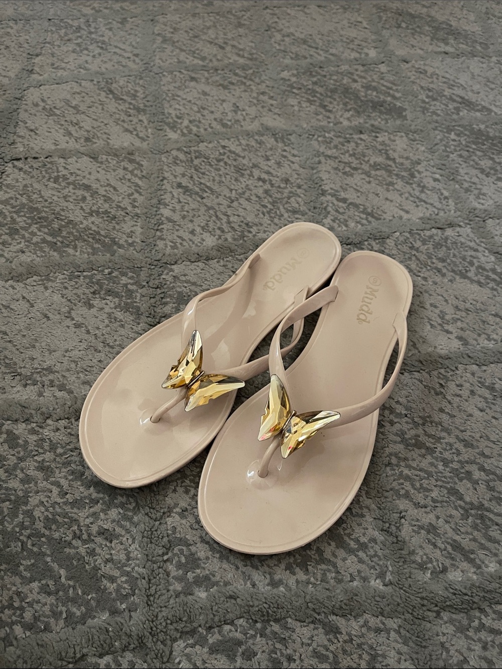 Mudd Nude Butterfly Thong Sandals with Gold Accent